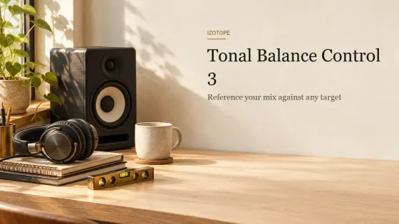 Oak desk in warm morning light with a wood-sided studio monitor, closed-back headphones on a notebook, a brass spirit level and a cup, next to the title Tonal Balance Control 3