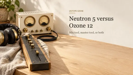 Pale oak desk with a dark channel strip with brass knobs and fader, a cream limiter with two brass-rimmed VU meters, a coiled black cable and headphones on a linen cloth