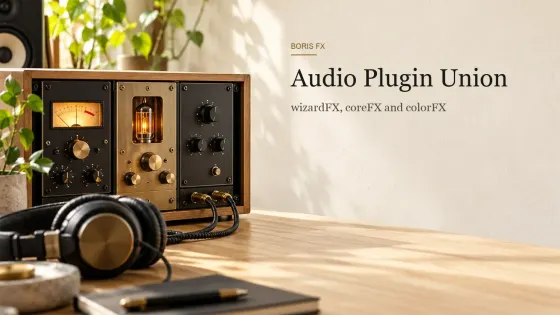 Three hardware processor modules in a small rack, one with a VU meter and one with a glowing vacuum tube, beside patch cables on a light oak desk