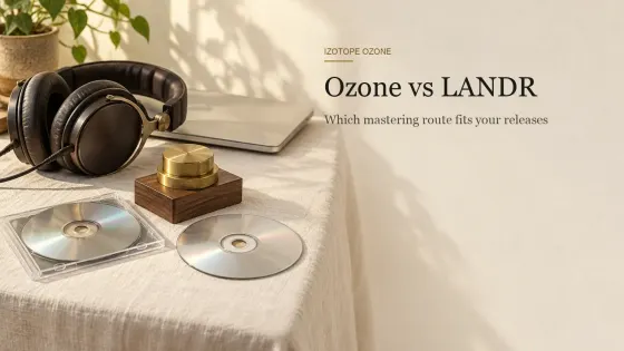 Two blank silver CD-R discs on a cream linen table, one in a slim clear case and one bare, with a brass stepped attenuator knob on a walnut block and studio headphones behind