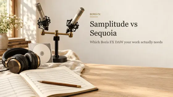 Warm daylight still life with a stereo pair of small condenser microphones on a stand, an open orchestral score with a pencil, closed-back headphones and a CD in a slim case