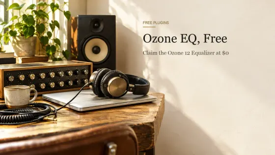 Closed laptop and studio headphones beside a vintage hardware equalizer, a monitor speaker and a coffee cup on a sunlit wooden desk