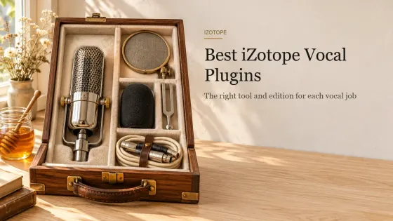 Open wooden microphone case with a chrome ribbon microphone, pop filter, foam windscreen, tuning fork and coiled XLR cable beside a jar of honey, headline Best iZotope Vocal Plugins