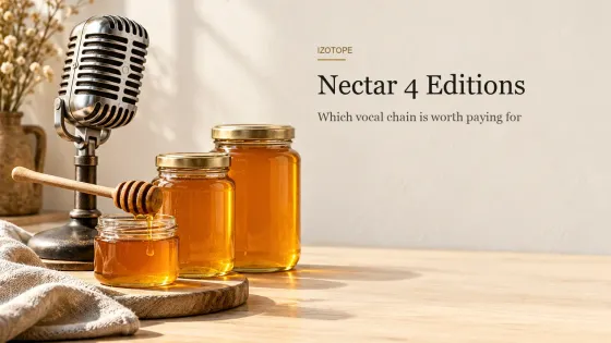 Three glass jars of honey in ascending size, a wooden dipper dripping into the smallest and a vintage chrome vocal microphone on a pale oak table