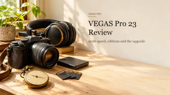 Mirrorless camera, brass stopwatch, memory cards and closed-back headphones on a sunlit wooden desk beside a small external drive