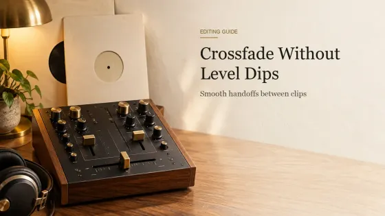 A two-channel mixer with a brass crossfader at center on a walnut desk, with two cream record sleeves behind it.