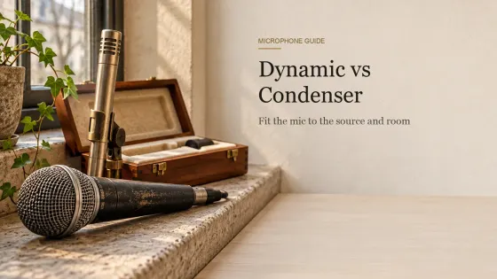 A handheld dynamic microphone and a small-diaphragm condenser beside its open wooden case with cream foam insert on a stone windowsill.