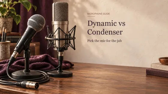 Handheld dynamic microphone beside a large-diaphragm condenser microphone in a shock mount on a walnut desk