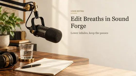 A broadcast dynamic microphone on a brass boom arm above a walnut desk with a glass of water and a folded blank script sheet.