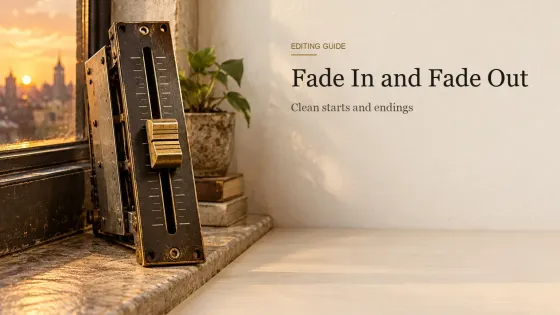 A vintage channel fader module with a brass fader cap pulled halfway down, lying on a stone windowsill at dusk.