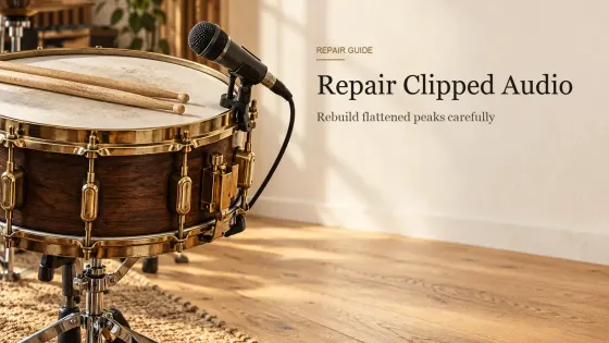 A snare drum with drumsticks on its head and a dynamic microphone clipped to the rim on an oak studio floor.