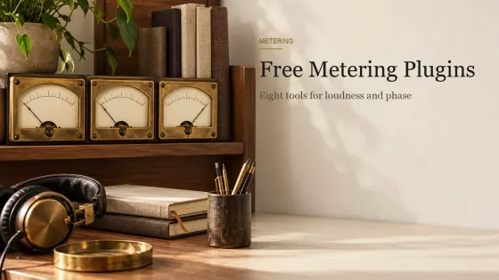 Three brass-bezeled panel meters with blank cream dials on a walnut bookshelf beside linen-bound notebooks.
