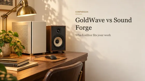 A cream desktop tower, a small monitor speaker and a wired mouse on a walnut writing desk under a brass desk lamp.
