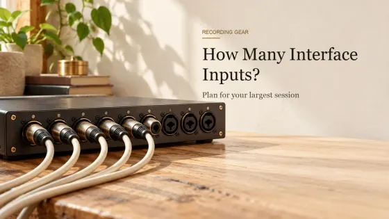 A rack-width audio interface on a workbench with five of its eight front inputs connected to cream XLR cables.