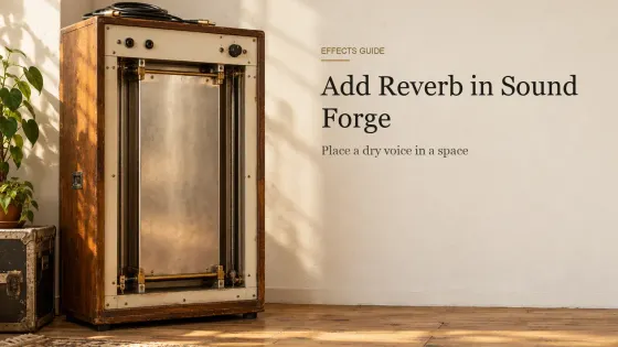 A tall vintage plate reverb cabinet of oak and cream metal leaning against a plaster wall with a coiled cable on top.