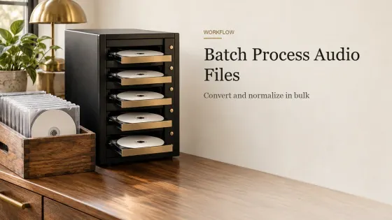 A CD duplicator tower beside a wooden crate of identical blank discs in jewel cases on a walnut sideboard.