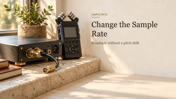 A digital audio converter with brass clock connectors and a BNC cable beside a handheld field recorder on a stone windowsill.