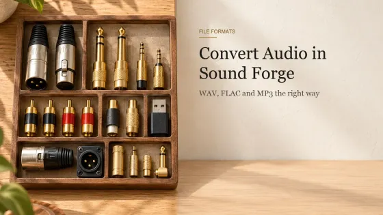 A wooden tray of brass audio adapters and connectors sorted in rows on an oak desk, seen from above.