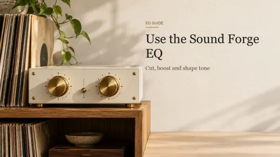 A cream vintage program equalizer with two ribbed brass knobs beside a stack of LPs on an oak bookshelf.