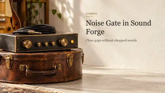 A vintage noise gate unit with brass knobs and an amber lamp on a closed wooden drum case with a coiled guitar cable.