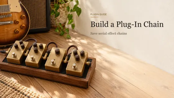 Four brass-cased guitar effect pedals linked in series by short patch cables on a wooden pedalboard.