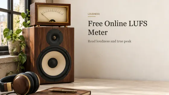 A walnut-cased needle meter with a blank cream dial sitting on top of a studio monitor on a stone windowsill.