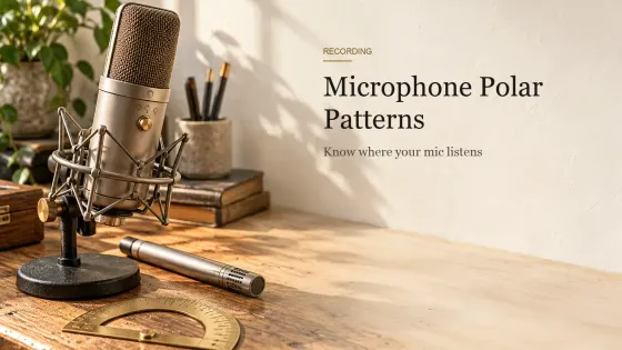 A side-address condenser microphone, a slim pencil microphone and a brass protractor on a wooden workbench.