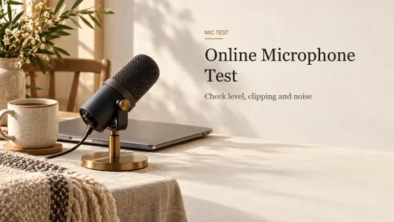 A cardioid microphone on a brass desk stand in front of a closed laptop, with a cream mug and a wool throw on a linen-covered table.