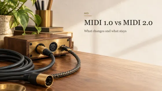 A five-pin DIN MIDI cable and a braided USB-C cable plugged into a small wooden MIDI interface on a walnut desk.