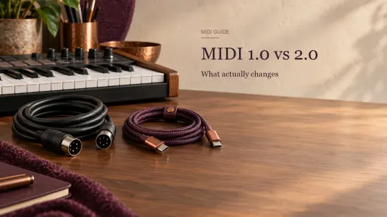 Five-pin DIN MIDI cable and USB-C cable side by side in front of a keyboard controller