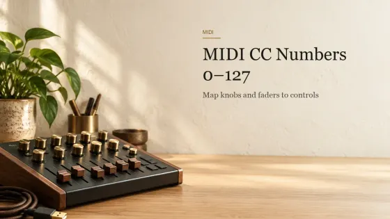 A small unlabeled MIDI controller with brass-capped knobs and wooden faders on an oak desk beside a coiled USB cable.