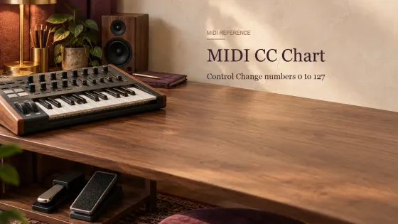 A compact MIDI keyboard with rotary knobs and pads on a desk, with a sustain pedal and an expression pedal on the shelf below