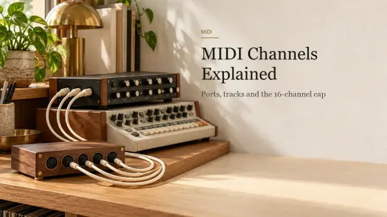A walnut MIDI thru box with cream MIDI cables running to a sound module and a drum machine on an oak bookshelf.