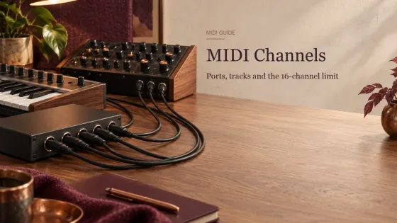 MIDI interface with several five-pin DIN cables beside a keyboard controller and a synthesizer module