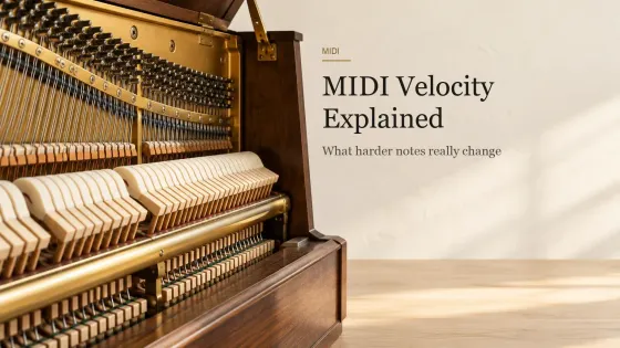 Felt hammers and dampers inside an open walnut upright piano, seen from above.