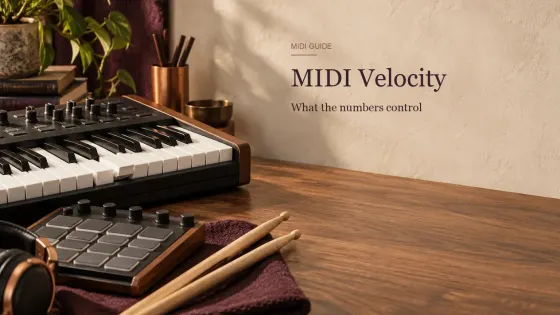 A compact MIDI keyboard with knobs beside a drum pad controller and a pair of drumsticks on a plum cloth