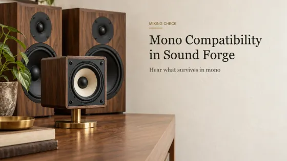 A small cube speaker on a brass stand in front of a pair of larger walnut stereo monitors on a walnut desk.