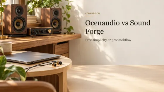 A closed laptop and earbuds on a birch side table in front of an oak desk with an audio interface and small walnut monitors.