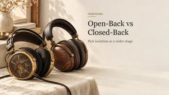 An open-back headphone pair with brass mesh grilles beside a closed-back pair with walnut earcups on a linen tablecloth.