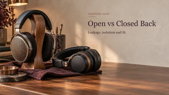 Open-back headphones with mesh earcups on a stand beside closed-back headphones with solid earcups
