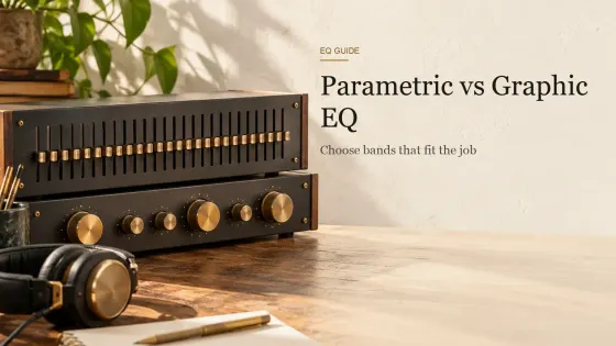 A graphic equalizer with a row of brass-capped sliders beside a parametric equalizer with ribbed brass knobs on a workbench.