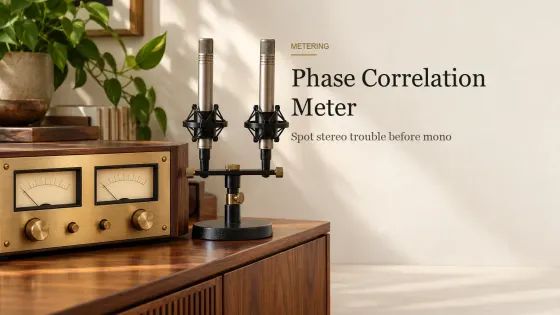 A brass meter panel with two blank needle dials beside a pair of pencil condenser microphones on a stereo bar, on a walnut sideboard.