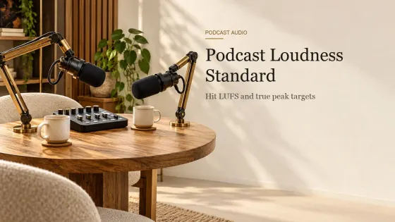 Two broadcast dynamic microphones on brass boom arms facing each other over a round oak table with cream mugs and a podcast mixer.