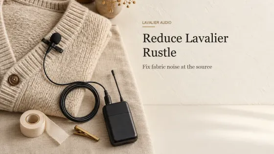 A lavalier microphone clipped to the collar of a folded wool cardigan, with its bodypack transmitter, medical tape and a brass clip on linen.