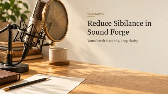 A condenser microphone angled behind a round brass mesh pop filter, with a pencil and blank paper on an oak desk.
