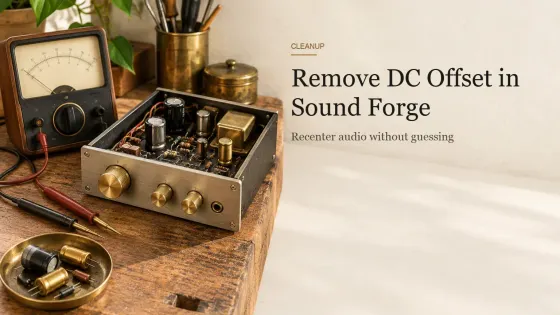 A vintage multimeter with brass probes beside an open microphone preamp and a brass dish of capacitors on a workbench.