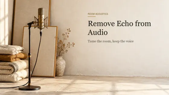 A microphone on a stand in a bare plaster room with folded quilts and two acoustic panels leaning against the wall.