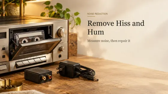 A cassette deck with a cassette half inserted beside a ground-loop isolator and an old power adapter on a workbench.