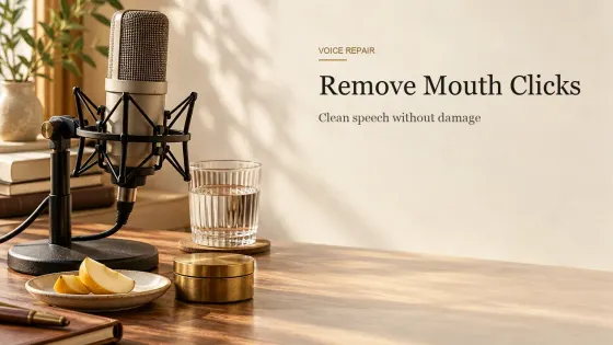 A condenser microphone on a desk stand beside a glass of water, apple slices on a cream saucer and a brass tin on a walnut desk.