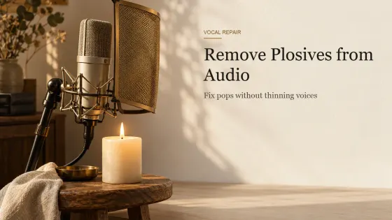 A condenser microphone behind a curved brass-mesh pop shield with a lit cream candle on an oak stool in front.